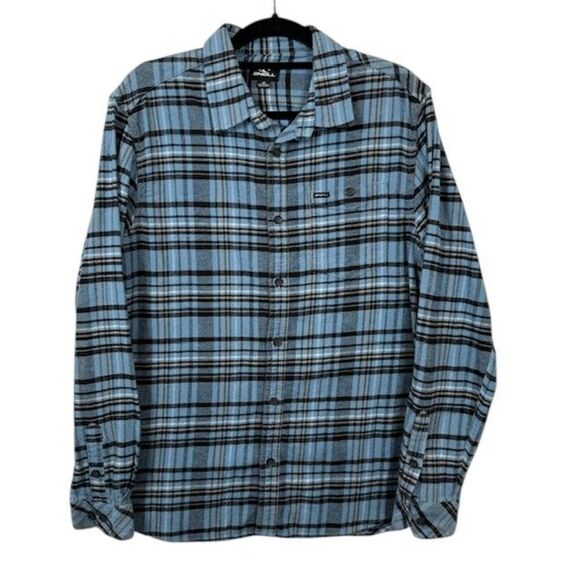 O'Neill Redmond Flannel Shirt Blue Plaid Flat Front Button Pocket Size Medium - Picture 1 of 11
